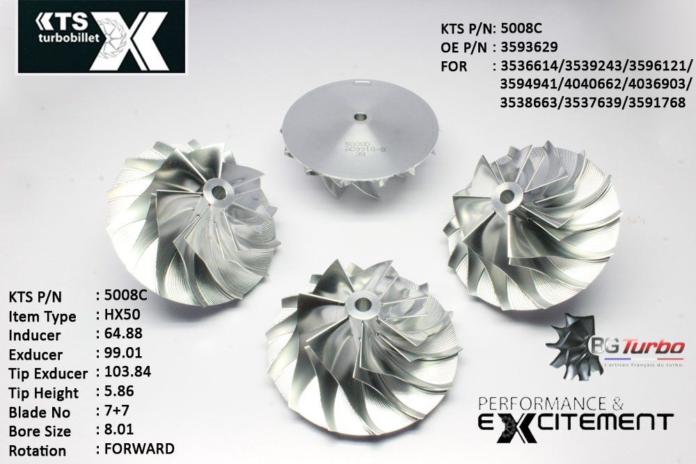 Turbo ROUE FORGÉE MFS PERFORMANCE - 7+7 PALES - INDUCER : 64,88 - EXDUCER : 99,0098 - TYPE : HX50ANGLE : 50° - ROTATION : Forward - SUPER BACK : 6,27 - BORE SIZE : 8,01
